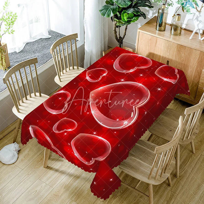 Aperturee - Aperturee Red 3D Bubble Heart Rectangle Tablecloth Glossy Floating Love Pattern Modern Romantic Party Decor