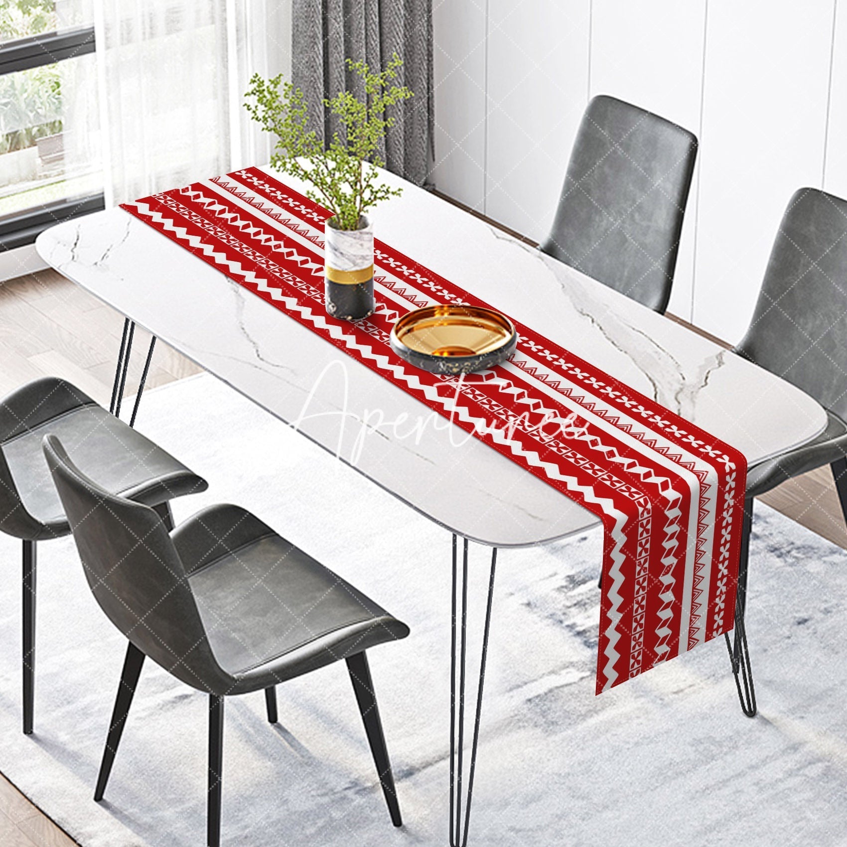 Aperturee - Aperturee Red Abstract Fair Isle Stripe Christmas Table Runner