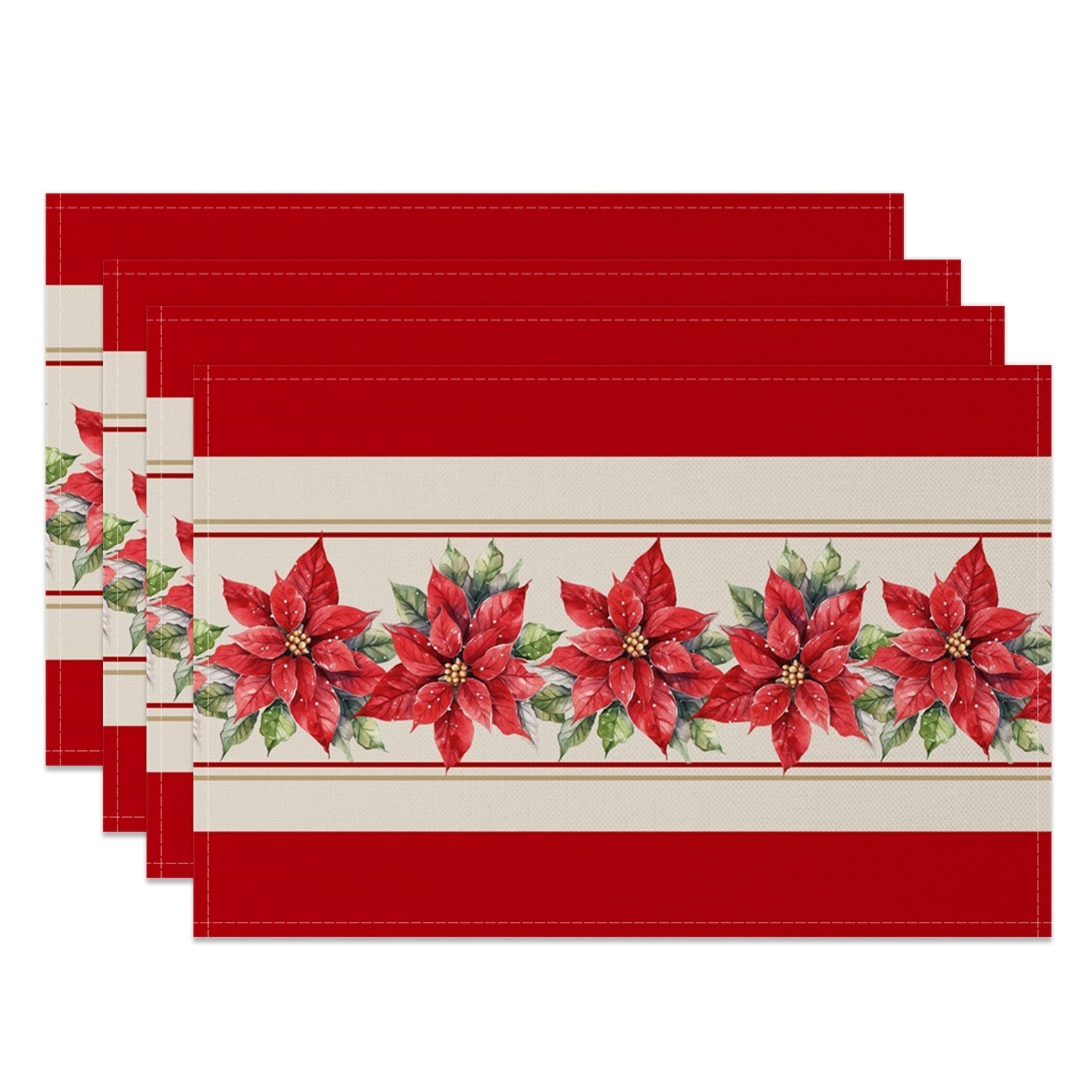 Aperturee - Aperturee Red And Beige Poinsettia Christmas Set Of 4 Placemats
