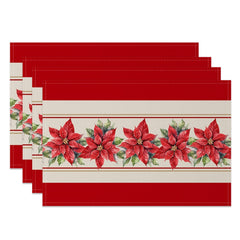 Aperturee - Aperturee Red And Beige Poinsettia Christmas Set Of 4 Placemats