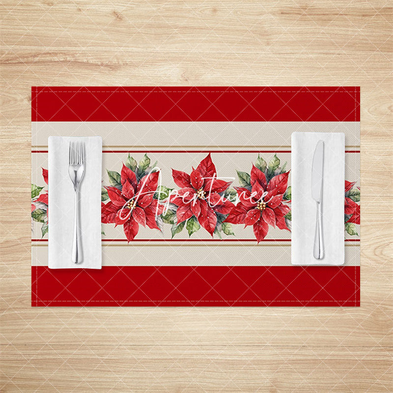 Aperturee - Aperturee Red And Beige Poinsettia Christmas Set Of 4 Placemats