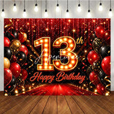 Aperturee - Aperturee Red and Black 13th Birthday Backdrop with Gold Marquee Number 13 Red Carpet and Balloon Party Decoration