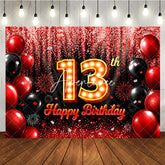 Aperturee - Aperturee Red and Black 13th Birthday Backdrop with Marquee Light Number Thirteen Glitter Balloon Party Decoration