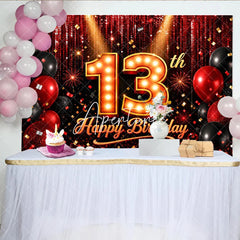 Aperturee - Aperturee Red and Black 13th Happy Birthday Backdrop Glitter Sequin Curtain with Balloons for Teenager Party Decor