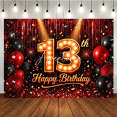 Aperturee - Aperturee Red and Black 13th Happy Birthday Backdrop Glitter Sequin Curtain with Balloons for Teenager Party Decor