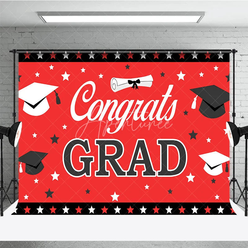 Aperturee - Aperturee Red and Black Congrats Grad Backdrop Graduation Caps and Stars Party Decoration