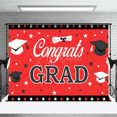 Aperturee - Aperturee Red and Black Congrats Grad Backdrop Graduation Caps and Stars Party Decoration