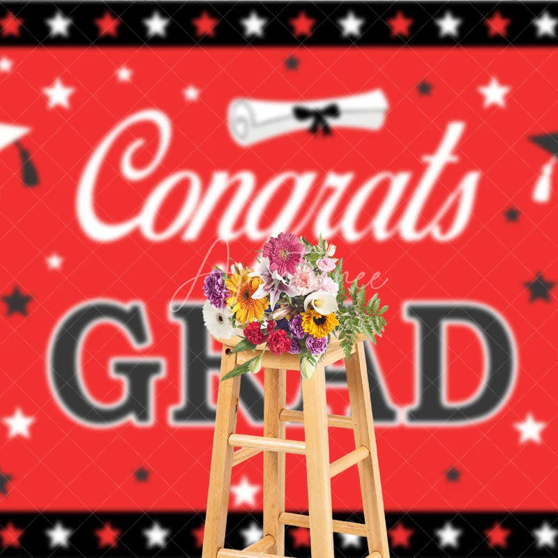 Aperturee - Aperturee Red and Black Congrats Grad Backdrop Graduation Caps and Stars Party Decoration