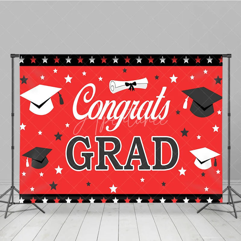 Aperturee - Aperturee Red and Black Congrats Grad Backdrop Graduation Caps and Stars Party Decoration