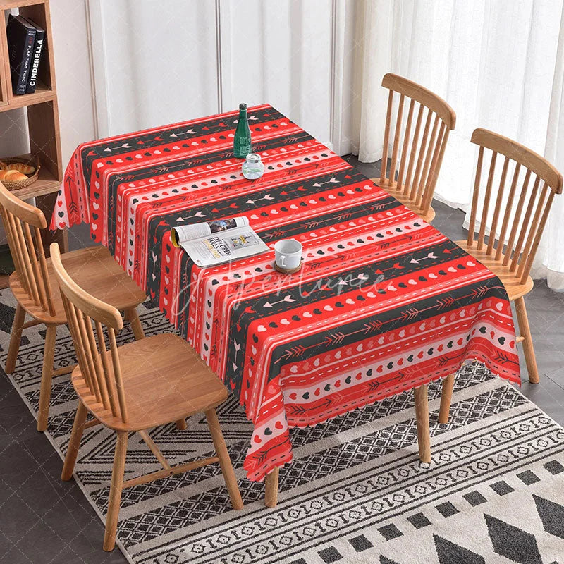 Aperturee - Aperturee Red and Black Geometric Heart Arrow Rectangle Tablecloth Boho Stripe Pattern Valentine Dining Decor