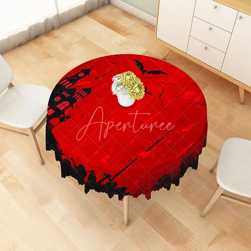Aperturee - Aperturee Red and Black Halloween Round Tablecloth with Haunted Castle and Tombstones for Gothic Party Decor
