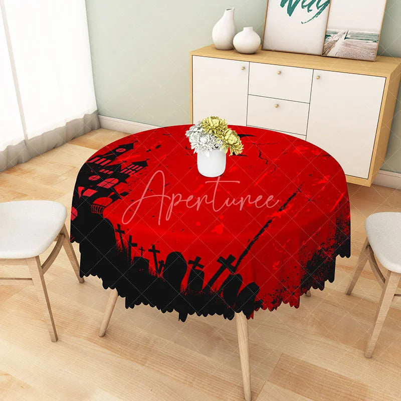 Aperturee - Aperturee Red and Black Halloween Round Tablecloth with Haunted Castle and Tombstones for Gothic Party Decor