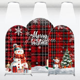 Aperturee - Aperturee Red and Black Plaid Merry Christmas Snowman and Tree Arch Backdrop Kit Festive Winter Holiday Decor