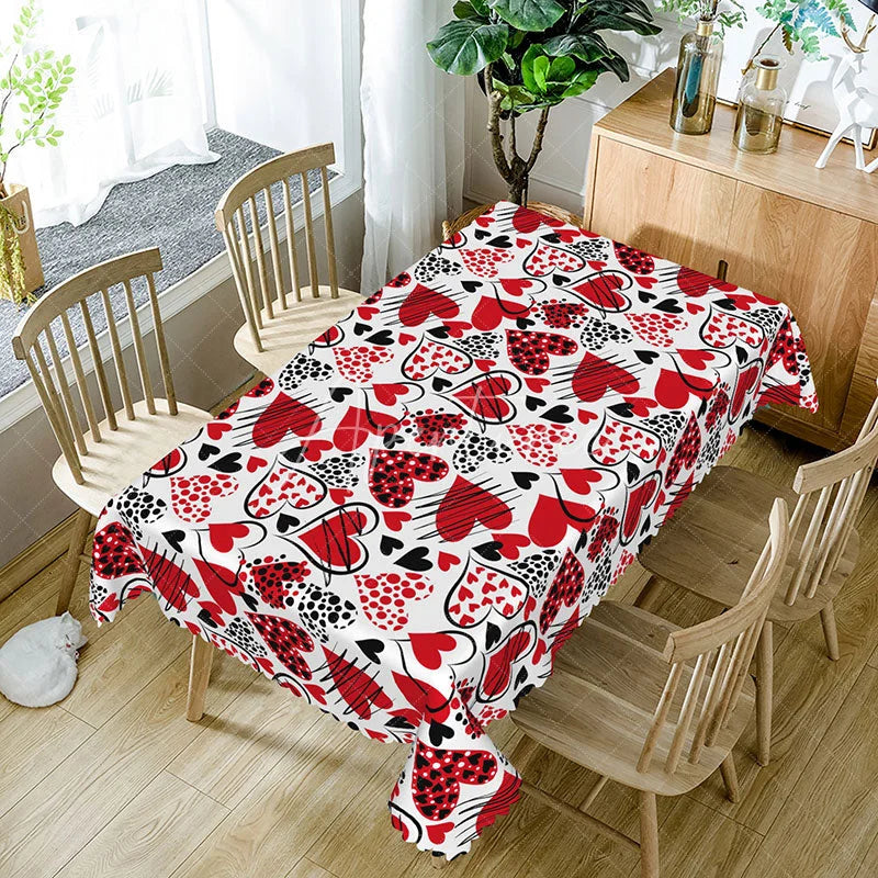 Aperturee - Aperturee Red and Black Sketch Heart Rectangle Tablecloth Abstract Doodle Love Pattern on White Modern Valentine Kitchen Decor