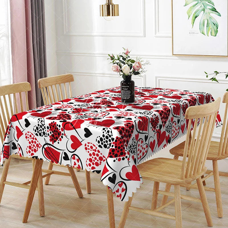 Aperturee - Aperturee Red and Black Sketch Heart Rectangle Tablecloth Abstract Doodle Love Pattern on White Modern Valentine Kitchen Decor