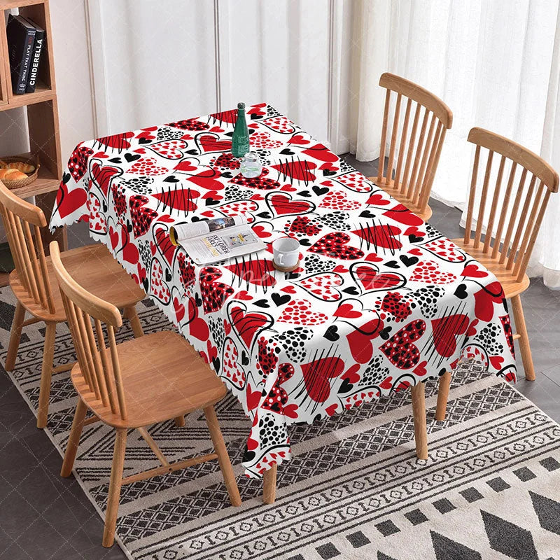 Aperturee - Aperturee Red and Black Sketch Heart Rectangle Tablecloth Abstract Doodle Love Pattern on White Modern Valentine Kitchen Decor