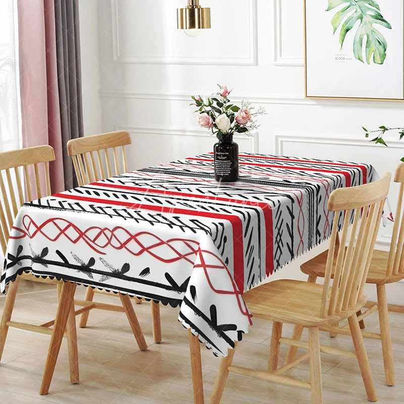 Aperturee - Aperturee Red and Black Tribal Rectangle Tablecloth Abstract Boho Line Art Modern Geometric Dining Room Kitchen Decor