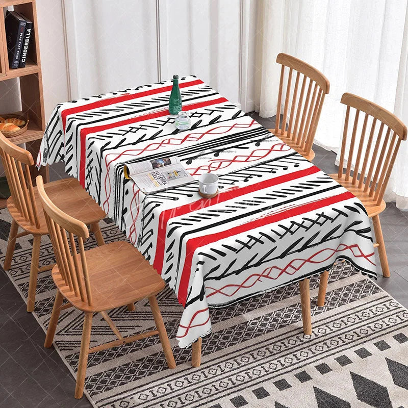 Aperturee - Aperturee Red and Black Tribal Rectangle Tablecloth Abstract Boho Line Art Modern Geometric Dining Room Kitchen Decor