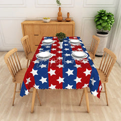 Aperturee - Aperturee Red and Blue Star Pattern Rectangle Tablecloth with Scalloped Edge Patriotic 4th of July Independence Day Decor
