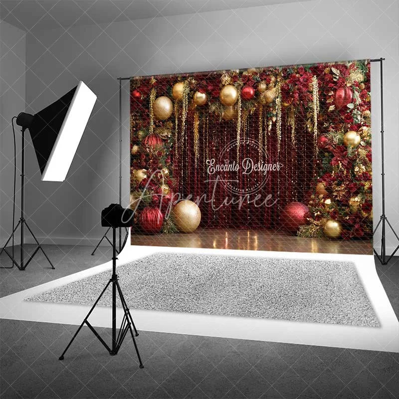 Aperturee - Aperturee Red and Gold Christmas Backdrop Glamour Floral Tinsel Curtain Photography Background