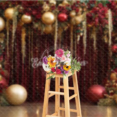 Aperturee - Aperturee Red and Gold Christmas Backdrop Glamour Floral Tinsel Curtain Photography Background
