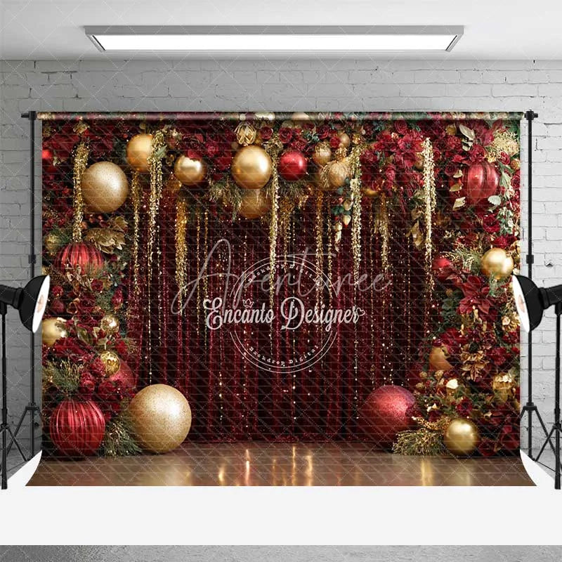 Aperturee - Aperturee Red and Gold Christmas Backdrop Glamour Floral Tinsel Curtain Photography Background