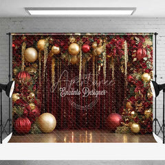 Aperturee - Aperturee Red and Gold Christmas Backdrop Glamour Floral Tinsel Curtain Photography Background