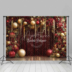 Aperturee - Aperturee Red and Gold Christmas Backdrop Glamour Floral Tinsel Curtain Photography Background