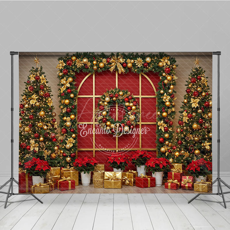 Aperturee - Aperturee Red and Gold Christmas Photography Backdrop Elegant Arched Window with Garland Holiday Photo Background