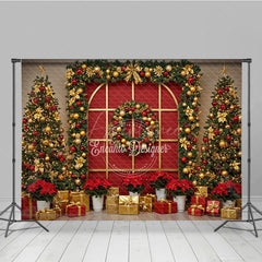 Aperturee - Aperturee Red and Gold Christmas Photography Backdrop Elegant Arched Window with Garland Holiday Photo Background