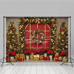 Aperturee - Aperturee Red and Gold Christmas Photography Backdrop Elegant Arched Window with Garland Holiday Photo Background