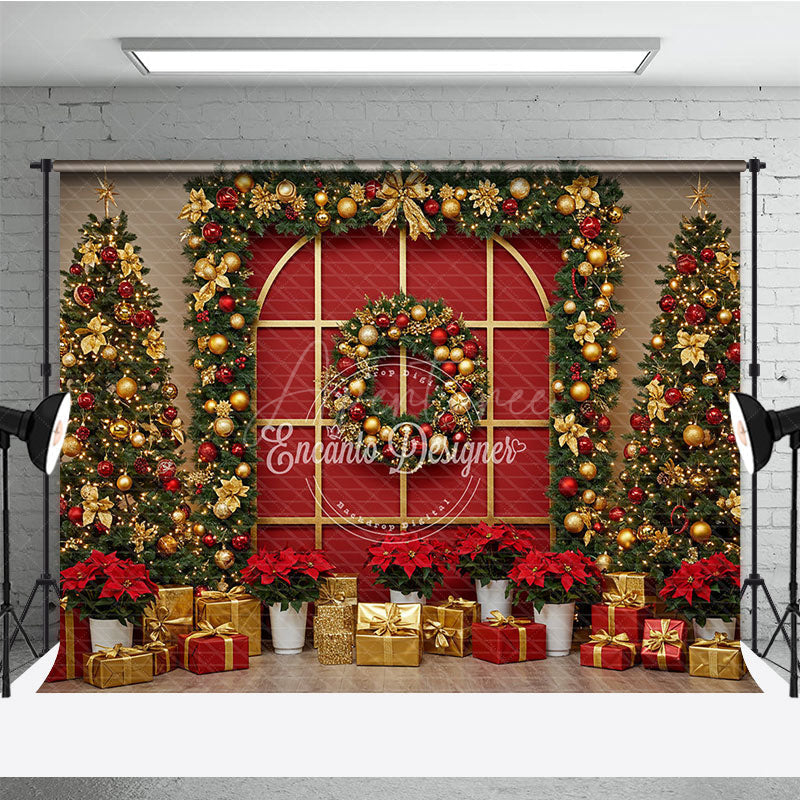 Aperturee - Aperturee Red and Gold Christmas Photography Backdrop Elegant Arched Window with Garland Holiday Photo Background