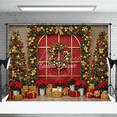 Aperturee - Aperturee Red and Gold Christmas Photography Backdrop Elegant Arched Window with Garland Holiday Photo Background