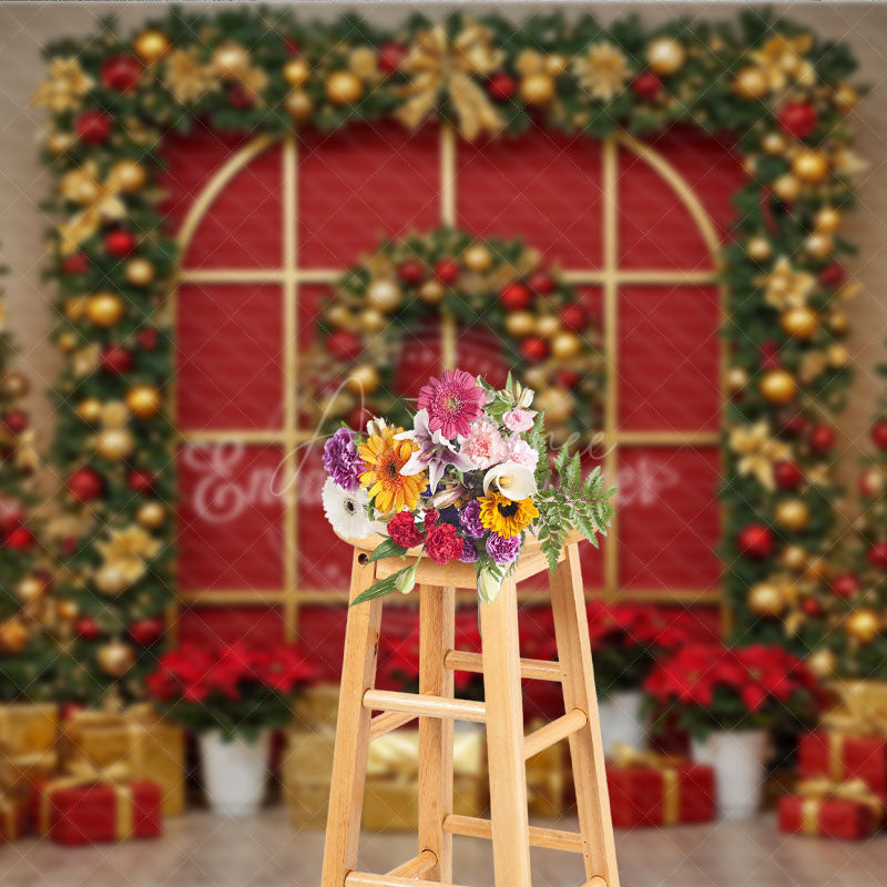 Aperturee - Aperturee Red and Gold Christmas Photography Backdrop Elegant Arched Window with Garland Holiday Photo Background