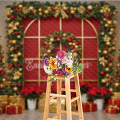 Aperturee - Aperturee Red and Gold Christmas Photography Backdrop Elegant Arched Window with Garland Holiday Photo Background