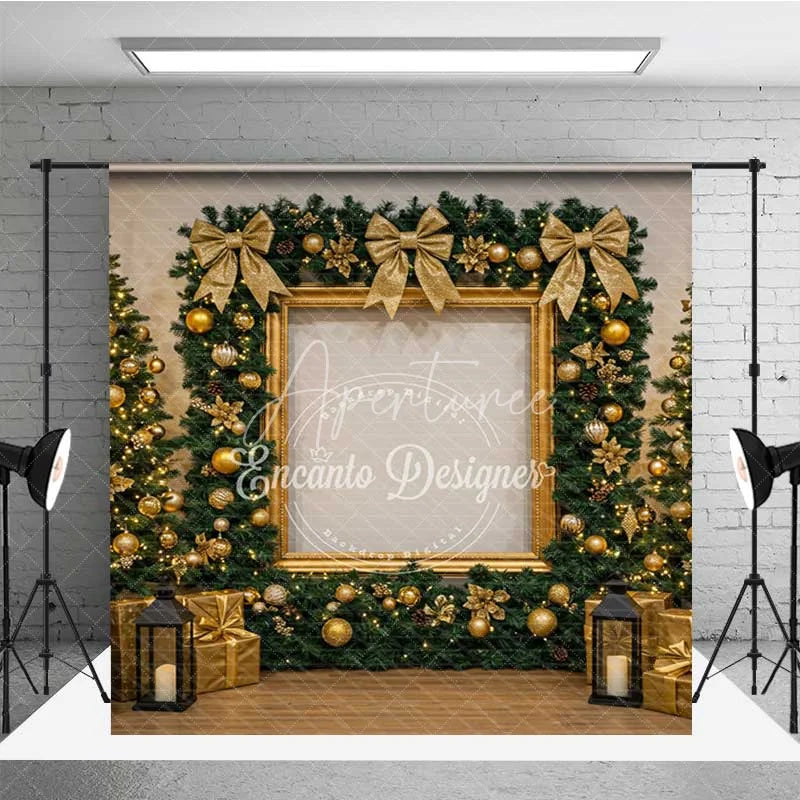 Aperturee - Aperturee Red and Gold Christmas Room Set Backdrop Elegant Holiday Wreath Decorated Xmas Trees Photo Props