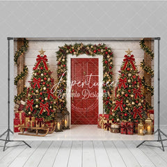 Aperturee - Aperturee Red and Gold Christmas Trees Holiday Backdrop with Festive Garland and Presents Cozy Winter Celebration Decor
