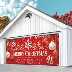 Aperturee - Aperturee Red and Gold Merry Christmas and Happy New Year Garage Door Banner Festive Holiday Ornaments and Reindeer Decor