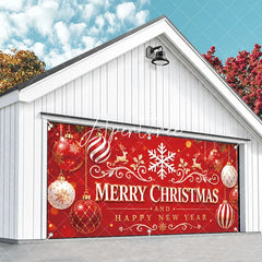 Aperturee - Aperturee Red and Gold Merry Christmas and Happy New Year Garage Door Banner Festive Holiday Ornaments and Reindeer Decor