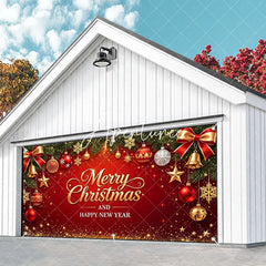 Aperturee - Aperturee Red and Gold Merry Christmas Happy New Year Garage Door Banner Festive Holiday Ornaments and Pine Branches Decor