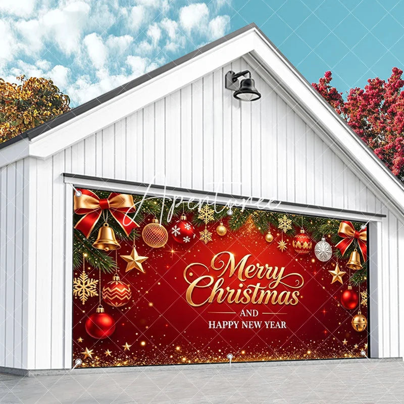 Aperturee - Aperturee Red and Gold Merry Christmas Happy New Year Garage Door Banner Festive Holiday Ornaments and Pine Branches Decor
