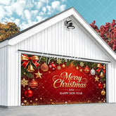 Aperturee - Aperturee Red and Gold Merry Christmas Happy New Year Garage Door Banner Festive Holiday Ornaments and Pine Branches Decor