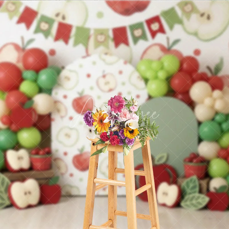 Aperturee - Aperturee Red and Green Apple Theme Photography Backdrop with Balloon Garland and Arch Cutouts for Birthday Party