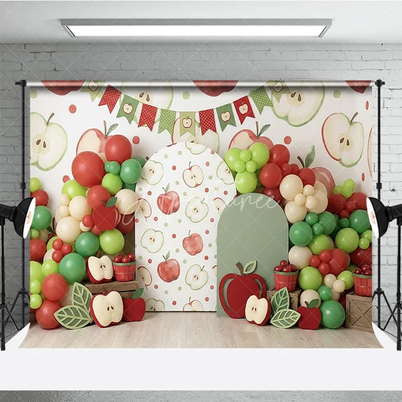Aperturee - Aperturee Red and Green Apple Theme Photography Backdrop with Balloon Garland and Arch Cutouts for Birthday Party