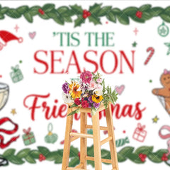 Aperturee - Aperturee Red and Green Holly Friendsmas Holiday Backdrop with Gingerbread Man and Champagne Glasses Festive Party Decor.