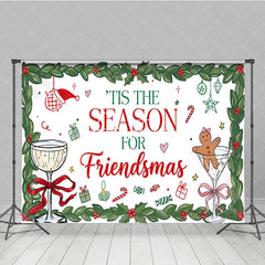 Aperturee - Aperturee Red and Green Holly Friendsmas Holiday Backdrop with Gingerbread Man and Champagne Glasses Festive Party Decor.