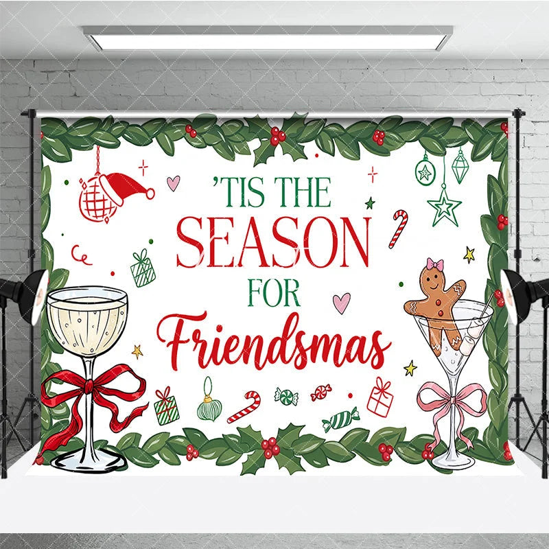 Aperturee - Aperturee Red and Green Holly Friendsmas Holiday Backdrop with Gingerbread Man and Champagne Glasses Festive Party Decor.