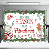 Aperturee - Aperturee Red and Green Holly Friendsmas Holiday Backdrop with Gingerbread Man and Champagne Glasses Festive Party Decor.