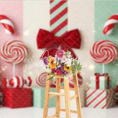 Aperturee - Aperturee Red and Mint Green Candy Land Holiday Backdrop with Festive Christmas Trees Lollipops and Gift Boxes