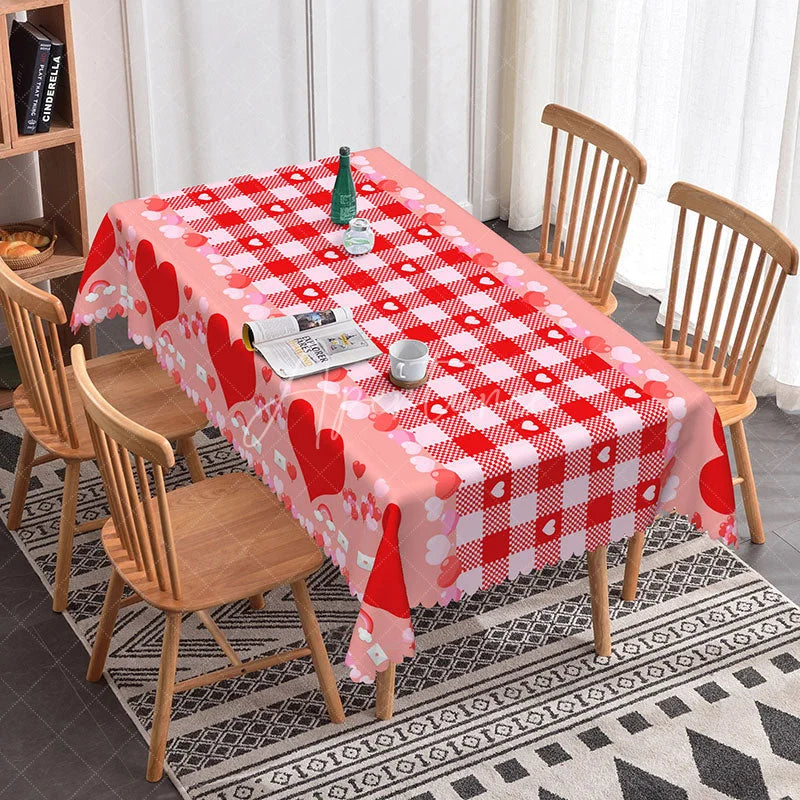 Aperturee - Aperturee Red and Pink Gingham Heart Rectangle Tablecloth Love Letter Envelope Plaid Valentine Picnic Party Decor